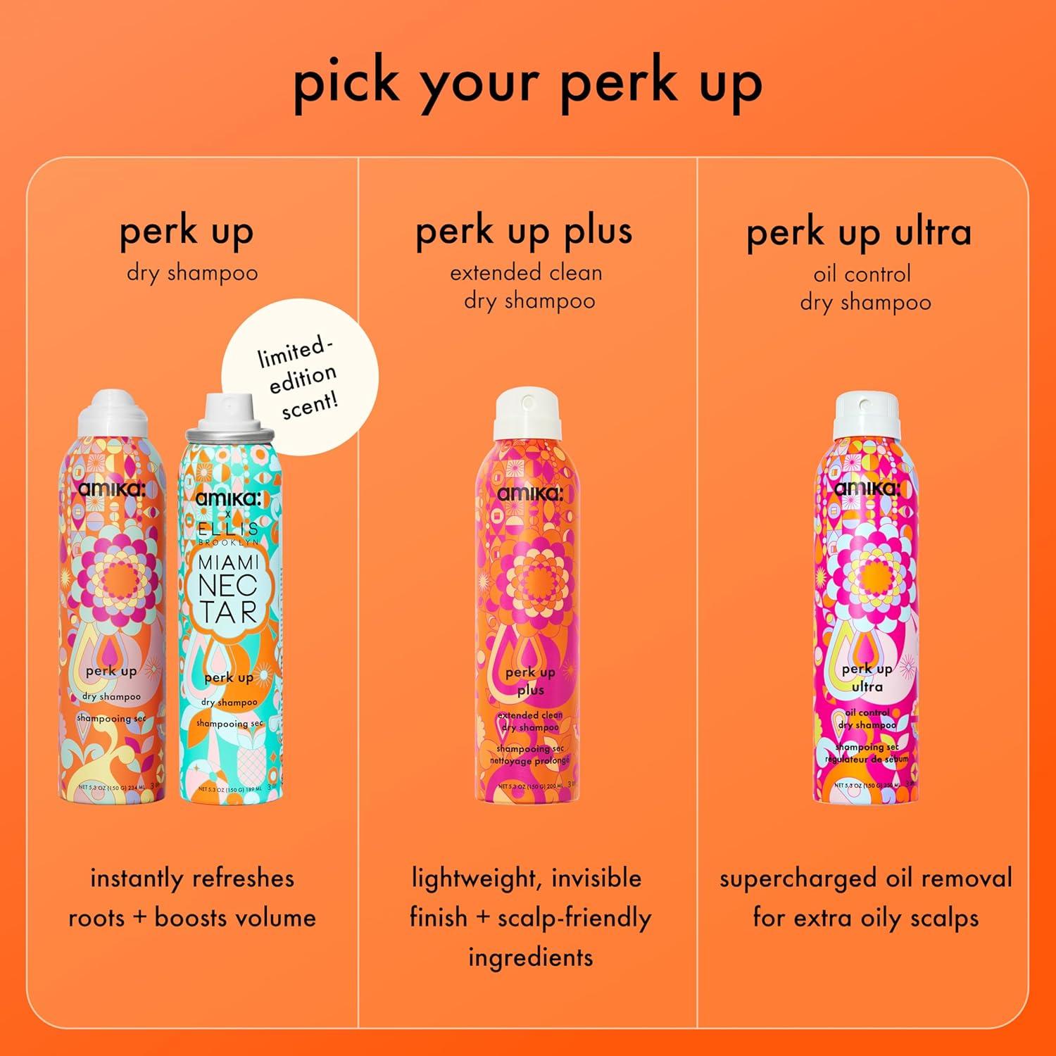 image:imageamika perk up talcfree dry shampoo refreshes roots with a voluminous oomph between washes no white residue absorbs oil reduces odor for all hair typesan uplifting blend of bright pink grapefruit juicy apricot warm vanilla