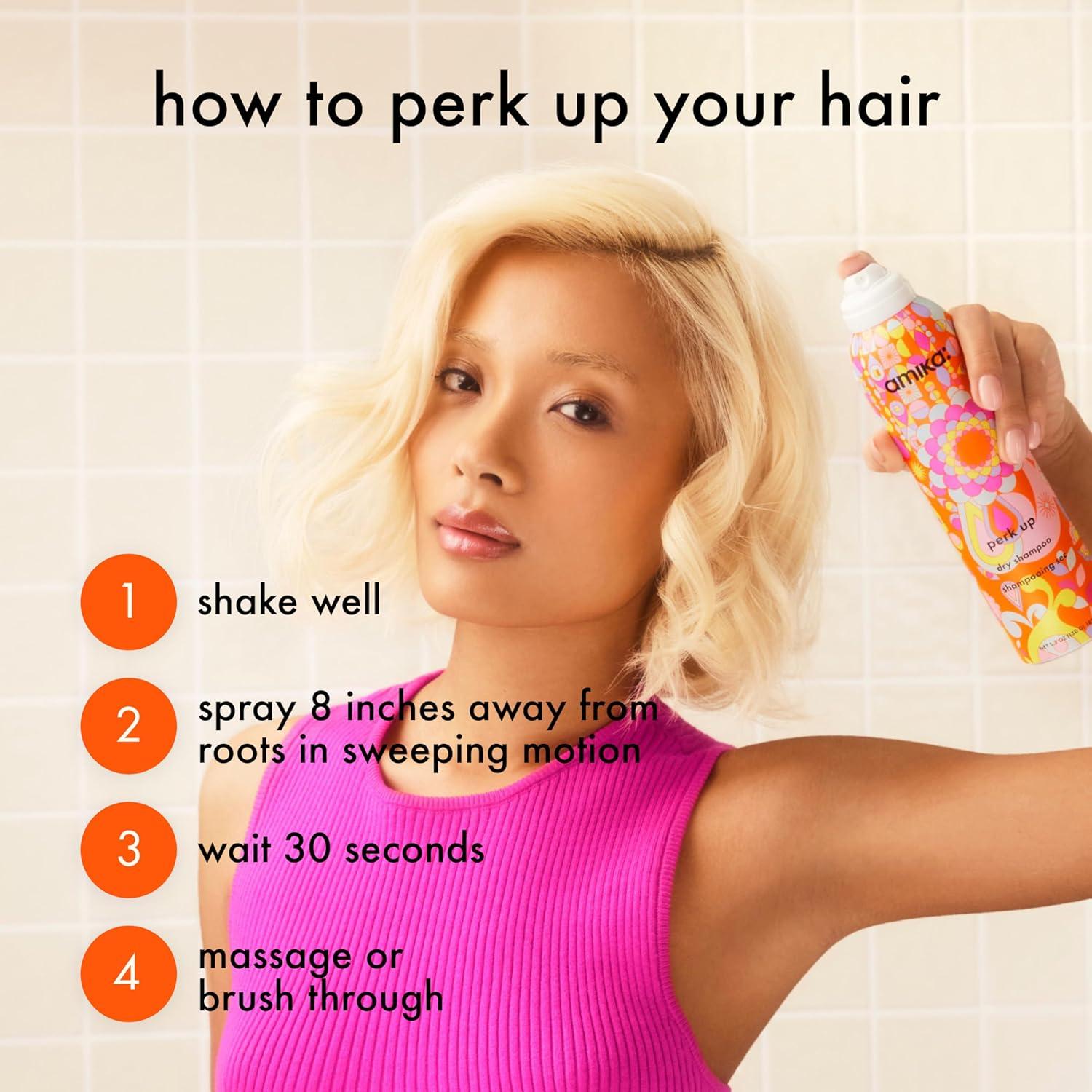 image:imageamika perk up talcfree dry shampoo refreshes roots with a voluminous oomph between washes no white residue absorbs oil reduces odor for all hair typesan uplifting blend of bright pink grapefruit juicy apricot warm vanilla