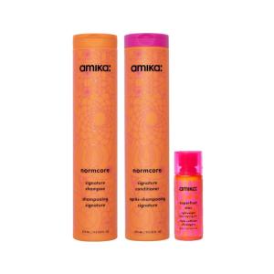 Amika superfruit strands bundle | full size normcore shampoo + conditioner & travel size superfruit star lightweight hair styling + heat defense oil