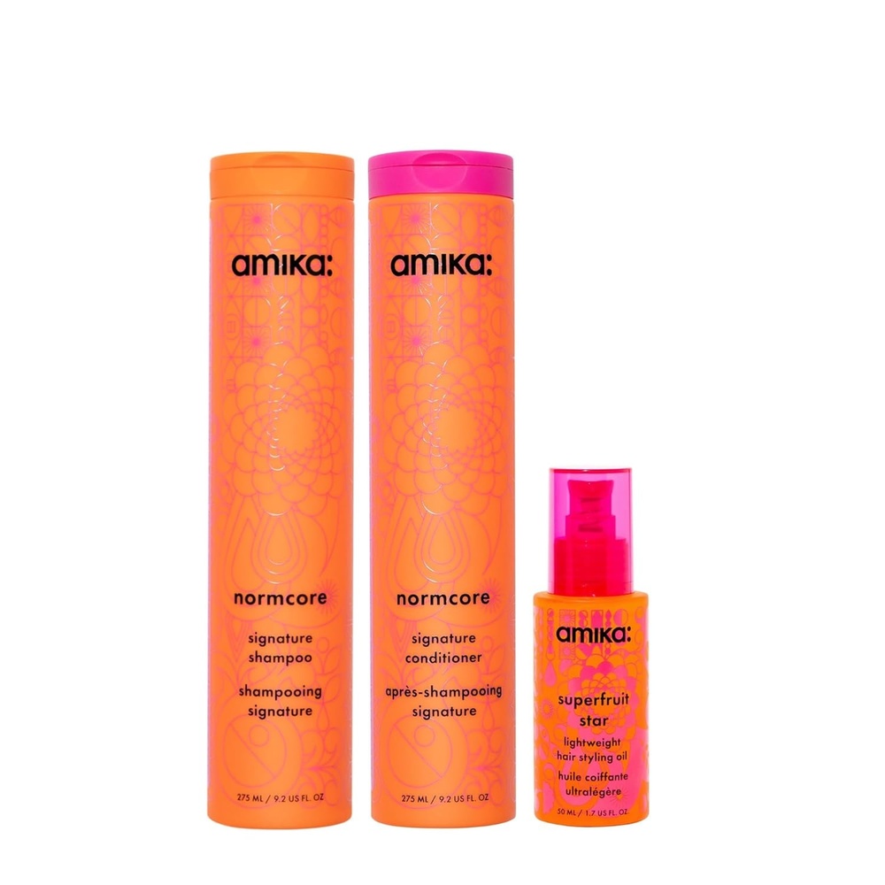 image:imageAmika superfruit strands full size bundle  full size normcore shampoo  conditioner amp superfruit star lightweight hair styling  heat defense oil